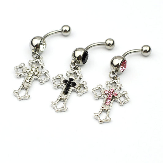 Rhinestone Doll Cross Belly Piercing Silver