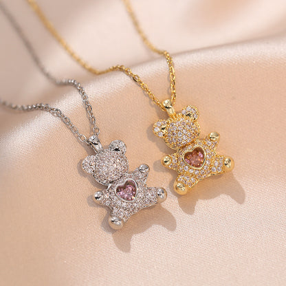 Bear Baddie Pendant Rhinestone Necklace | Gold & Silver