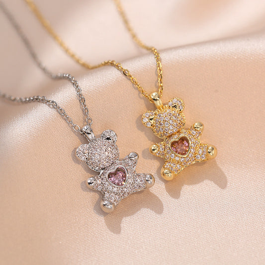 Bear Baddie Pendant Rhinestone Necklace | Gold & Silver